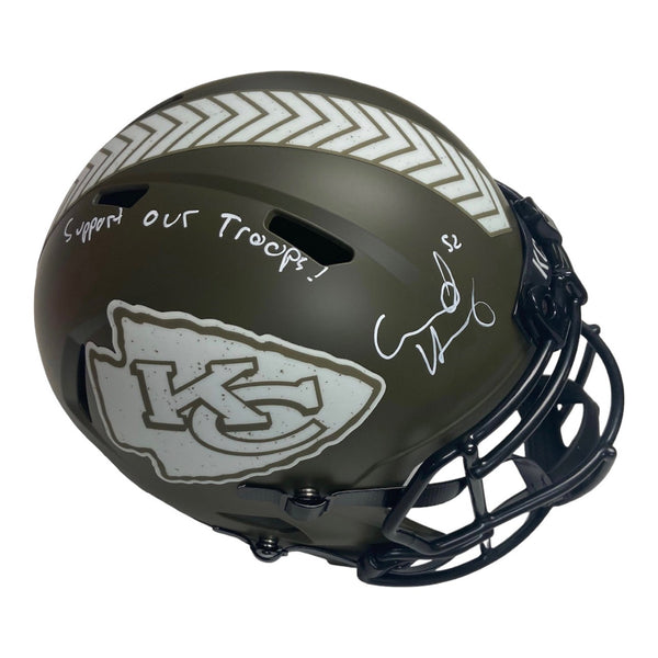 Creed Humphrey Autographed Kansas City Chiefs Riddell Full Size Salute to Service Replica Helmet w/ 'Support Our Troops!' Inscription