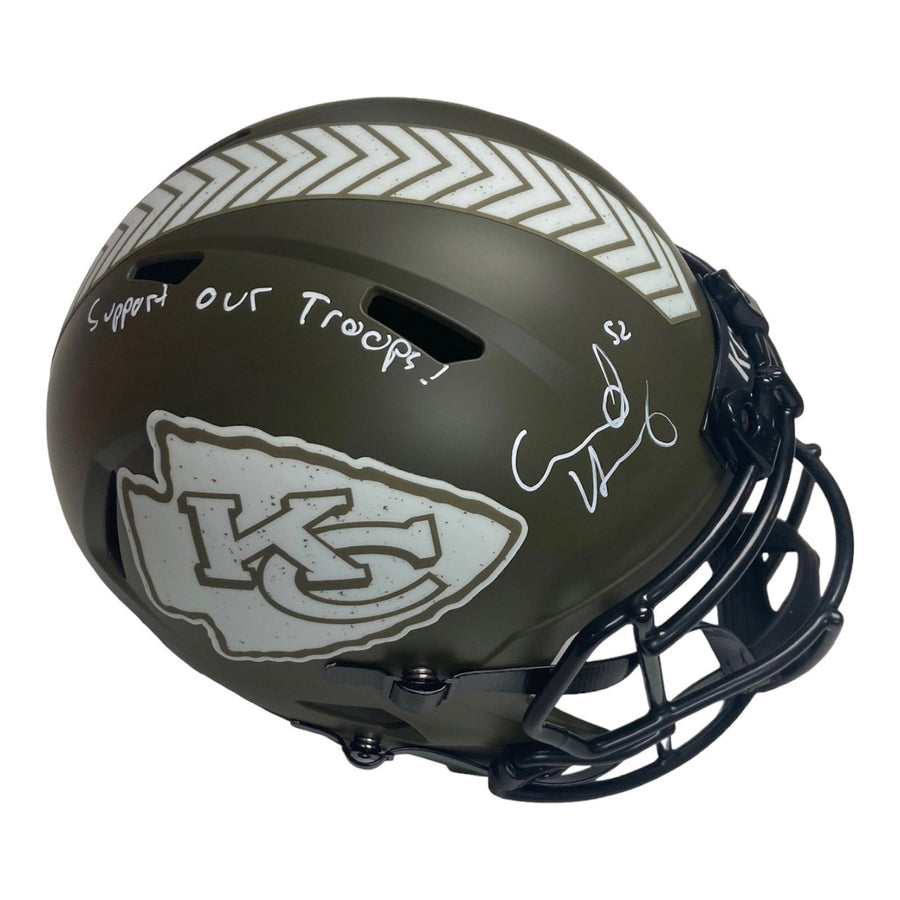 Creed Humphrey Autographed Kansas City Chiefs Riddell Full Size Salute to Service Replica Helmet w/ 'Support Our Troops!' Inscription