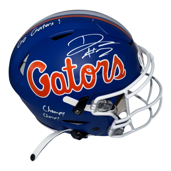 DJ Lagway Autographed Florida Gators Riddell Blue Script Speedflex Helmet with "Go Gators!" and "Chomp Chomp!" Inscriptions-Beckett