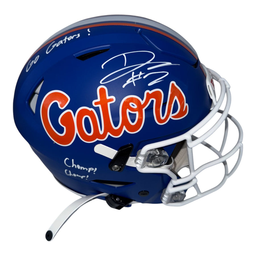 DJ Lagway Autographed Florida Gators Riddell Blue Script Speedflex Helmet with "Go Gators!" and "Chomp Chomp!" Inscriptions-Beckett