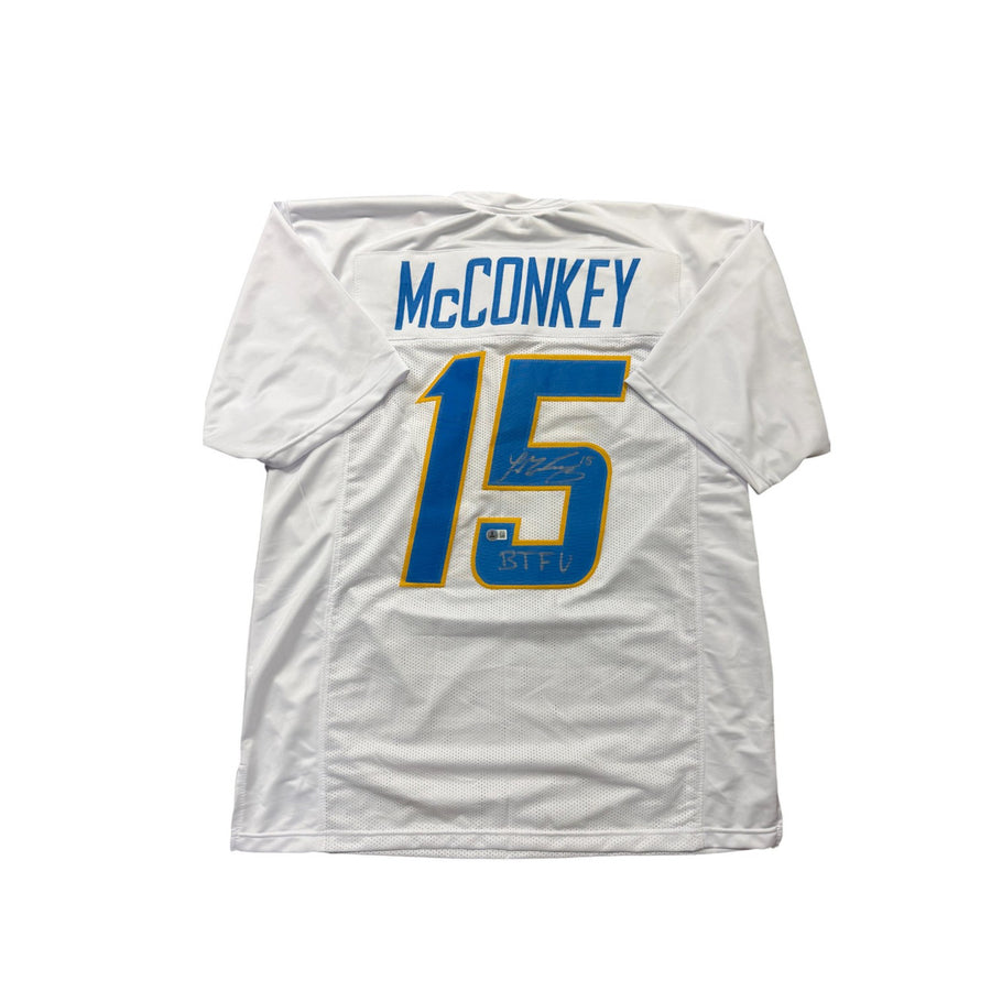 Ladd McConkey Autographed Los Angeles Chargers White Custom Jersey with "BTFU" Inscription- Beckett