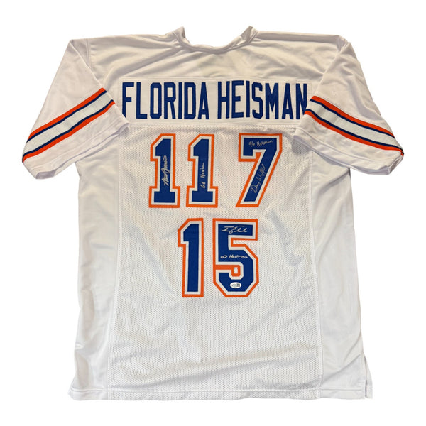 Florida Gators 3 Heisman Signed White Custom Jersey- JSA Authentic