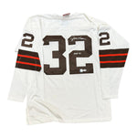 Jim Brown Autographed Cleveland Browns Mitchell and Ness Long Sleeve White Jersey with "HOF 71"- PSA