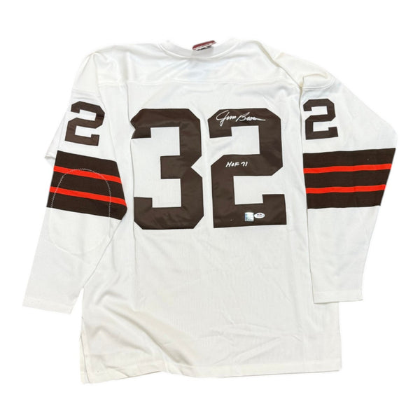 Jim Brown Autographed Cleveland Browns Mitchell and Ness Long Sleeve White Jersey with "HOF 71"- PSA