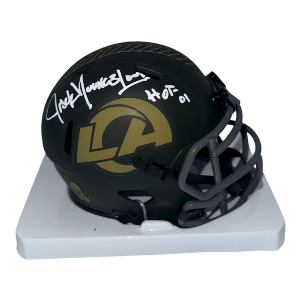Jack Youngblood Autographed Los Angeles Rams Riddell Green Salute to Service Mini Helmet with "HOF 01" Inscription- JSA Authentic