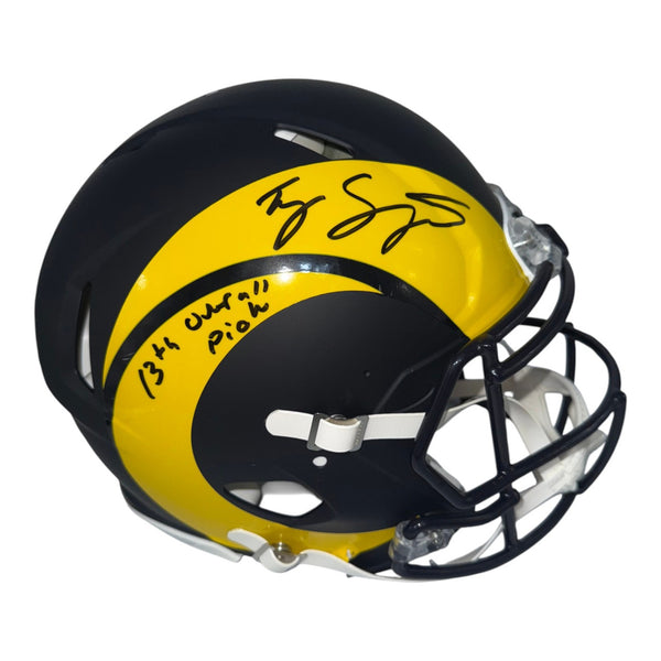 Ty Simpson Autographed Los Angeles Rams Riddell Full Size Rivalry Authentic Helmet with "13th Overall Pick" Inscription- JSA Authentic