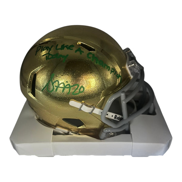 Benjamin Morrison Autographed Notre Dame Riddell Gold Mini Helmet with "Play like a Champion Today" Inscription- JSA Authentic