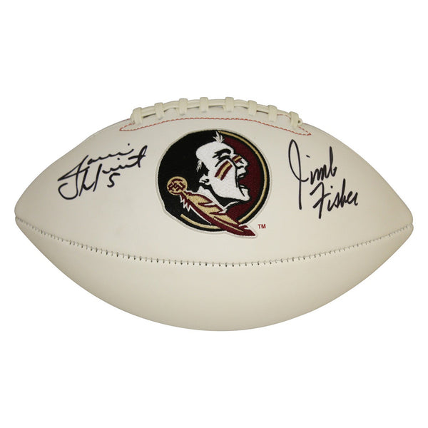 Jameis Winston and Jimbo Fisher Signed FSU White Panel Logo Football - PSA/DNA